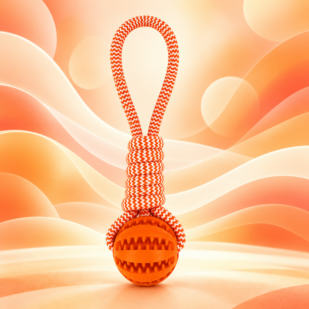 Orange Brighty TugBall dog toy with a textured treat ball and an orange-and-white braided rope loop, displayed against an orange background.