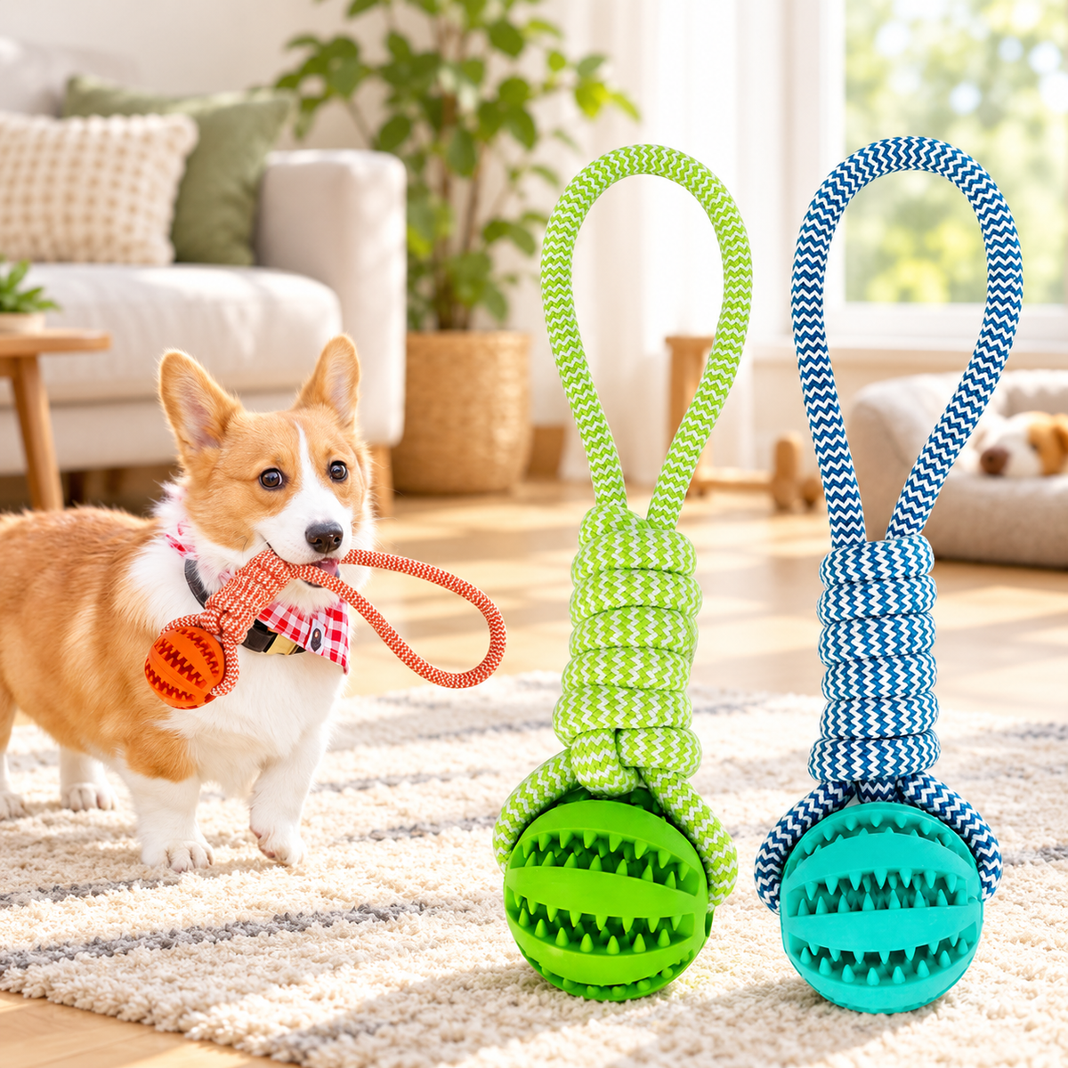 Corgi holding an orange Brighty TugBall beside the green and blue variants, each featuring a textured treat ball and braided rope loop.