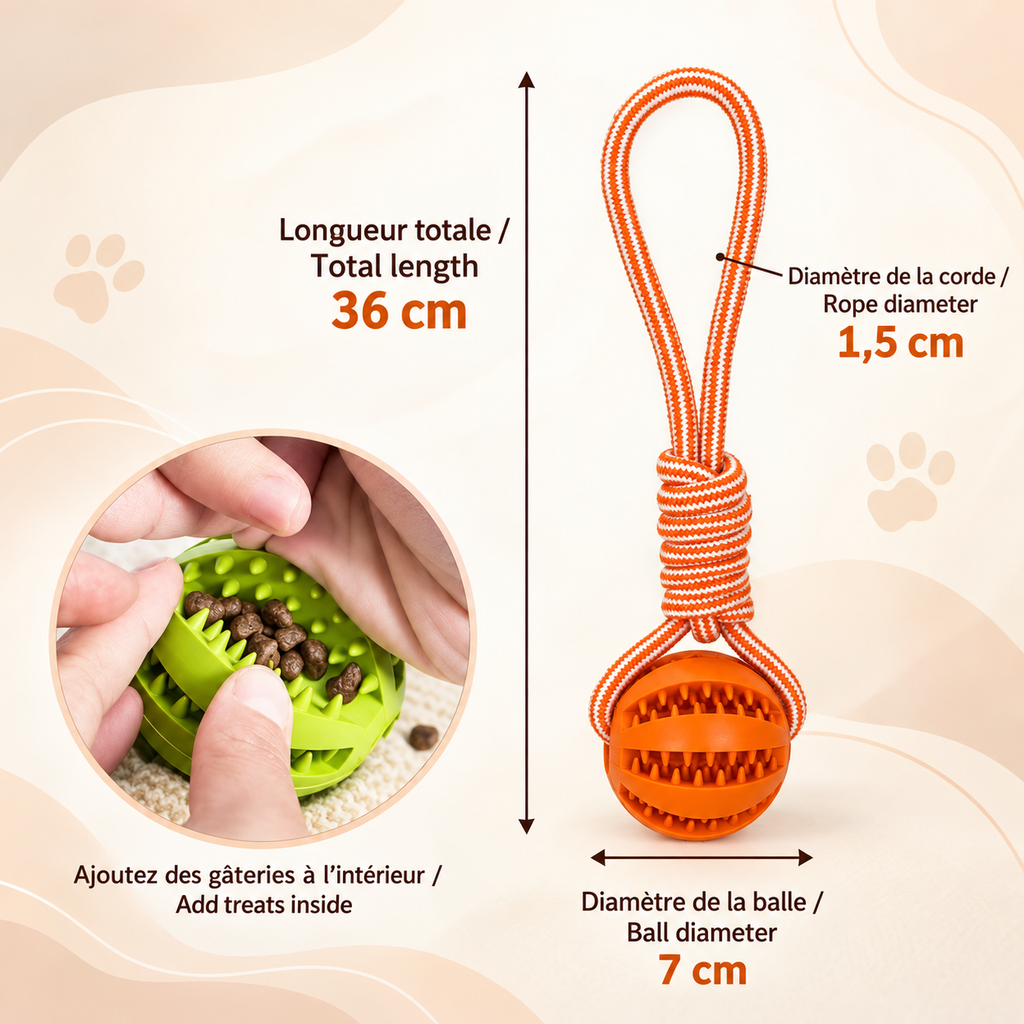 Brighty TugBall size guide showing a 36 cm total length, 7 cm ball diameter and 1.5 cm rope diameter, with an inset demonstrating treat insertion.