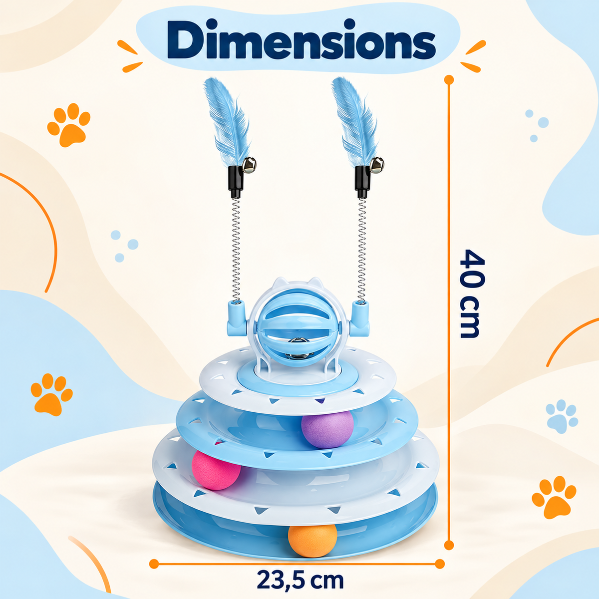 Blue Brighty TwirlTower shown with measurements of 40 cm in overall height, including the feather rods, and 23.5 cm across the base.