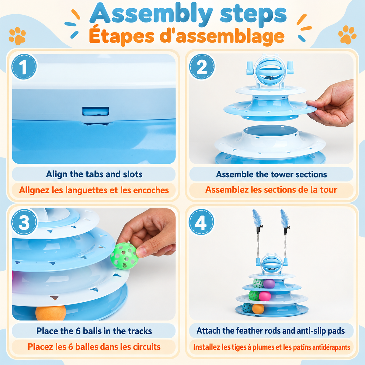 Four-step guide showing how to align the tabs, assemble the tower, place six balls in the tracks and attach the feather rods and anti-slip pads.