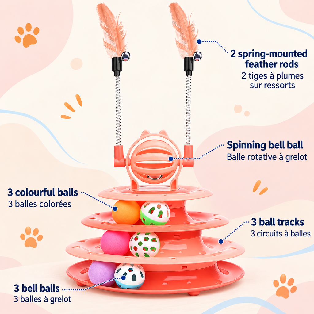 Pink Brighty TwirlTower showing three ball tracks, three colourful balls, three bell balls, a spinning bell ball on top and two spring-mounted feather rods.