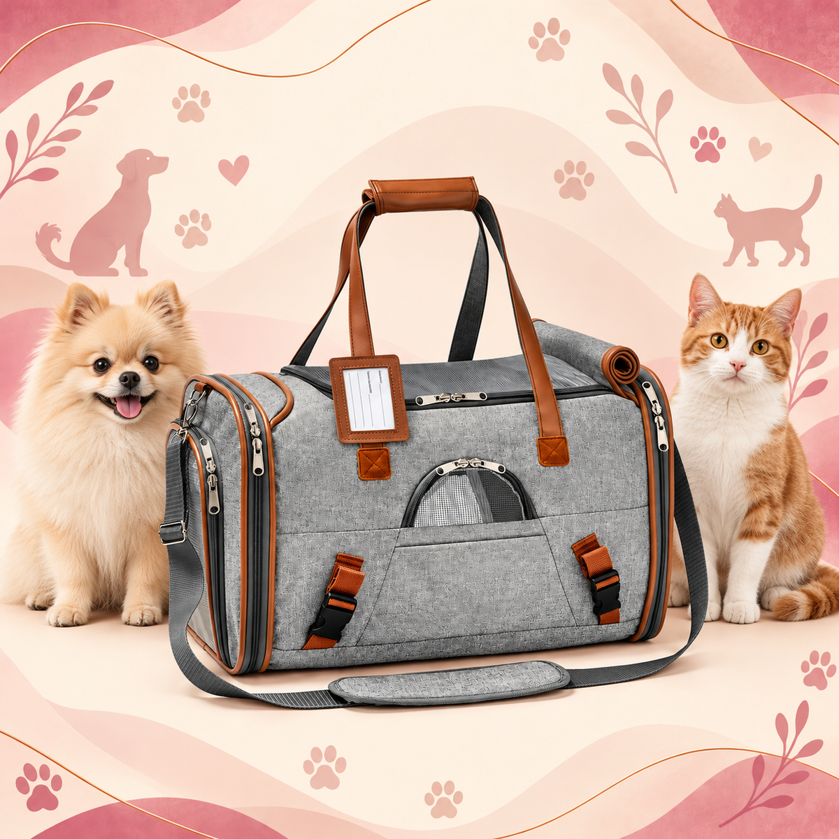 Light grey Brighty ViaCarry beside a fluffy small dog and an orange-and-white cat, featuring brown accents, exterior pockets and a padded shoulder strap.