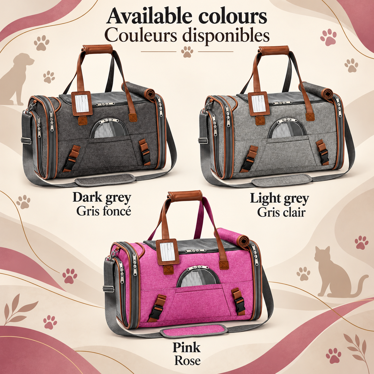 Brighty ViaCarry pet carrier bags in dark grey, light grey and pink, each with brown accents, carry handles, an ID holder and an adjustable shoulder strap.