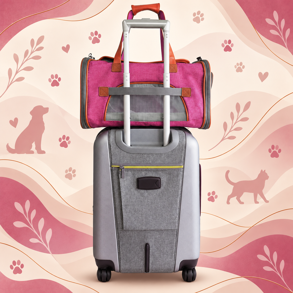 Pink Brighty ViaCarry with brown handles resting on a grey rolling suitcase, with its rear luggage sleeve fitted over the telescopic handle.