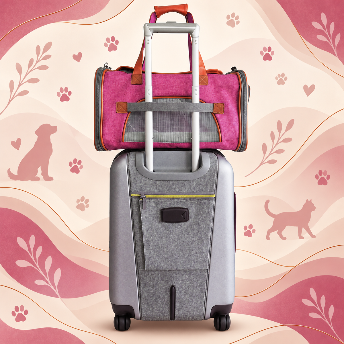 Pink Brighty ViaCarry with brown handles resting on a grey rolling suitcase, with its rear luggage sleeve fitted over the telescopic handle.