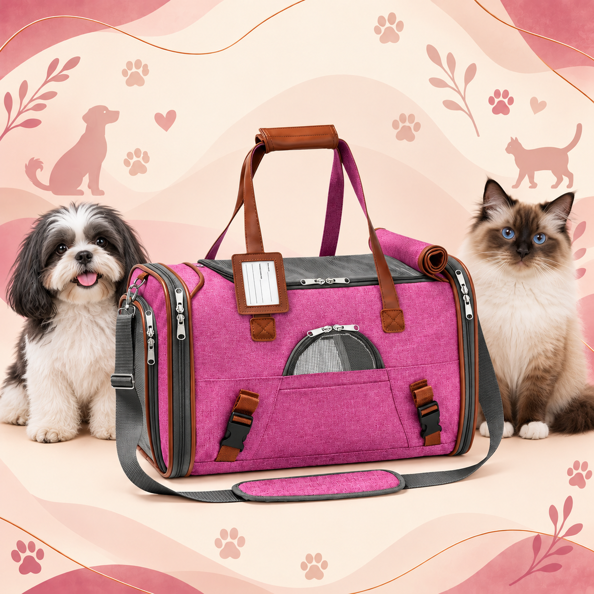 Pink Brighty ViaCarry displayed between a black-and-white small dog and a blue-eyed cat, showing brown handles, mesh panels, an ID holder and a padded shoulder strap.
