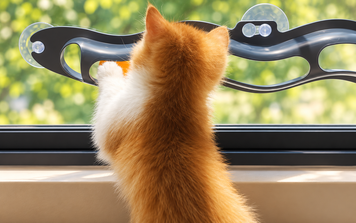Rear view of an orange-and-white cat batting an orange ball inside the grey Brighty WindowTrack attached to a window with clear suction cups.