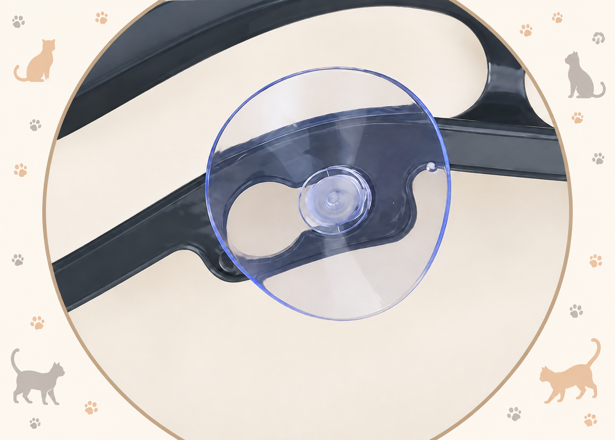 Close-up of a transparent suction cup attached to the grey Brighty WindowTrack, showing the circular mount and its connection to the track.⠋