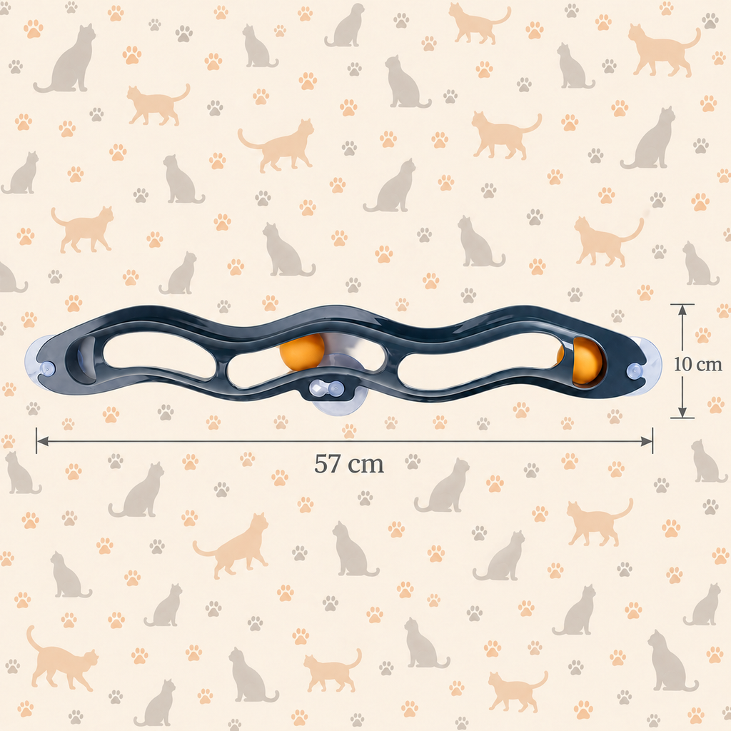 Grey Brighty WindowTrack with orange balls and suction cup mounts, showing dimensions of 57 cm long by 10 cm wide against a cat-patterned background.