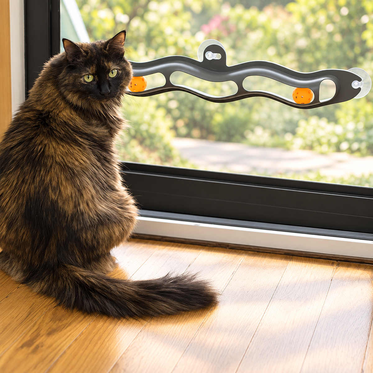 Long-haired tortoiseshell cat sitting beside a window-mounted grey Brighty WindowTrack, showing its wavy track, wide openings and two orange balls.