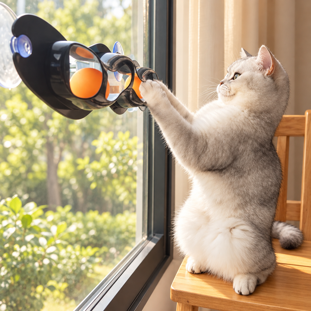 Grey cat standing on a wooden chair and reaching into the window-mounted Brighty WindowTrack, with orange balls and transparent suction cups visible.