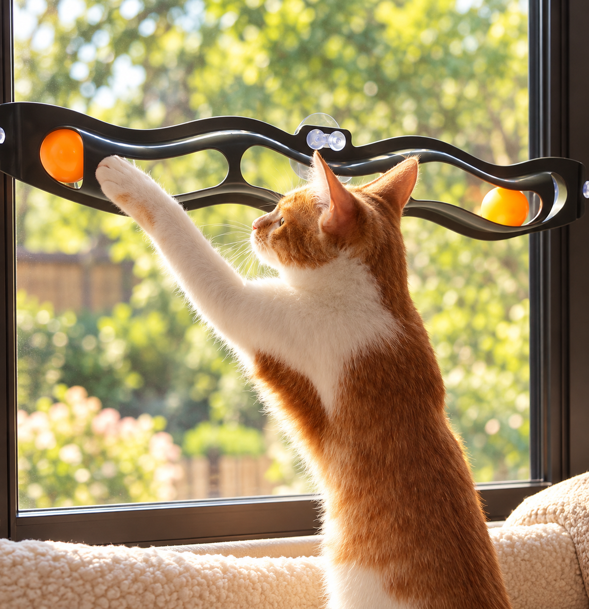 Orange-and-white cat reaching through an opening in the grey Brighty WindowTrack to push an orange ball on a sunlit window.