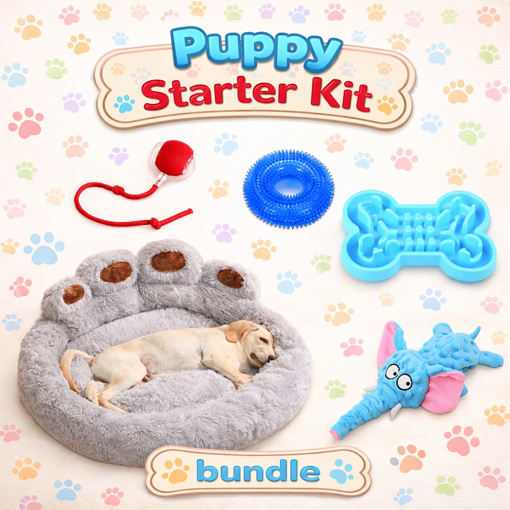 Brighty Puppy Starter Kit – 5 Essential Bundle for Puppies: grey CozyBed, slow feeder bowl, dental chew toy, elephant plush and interactive ball