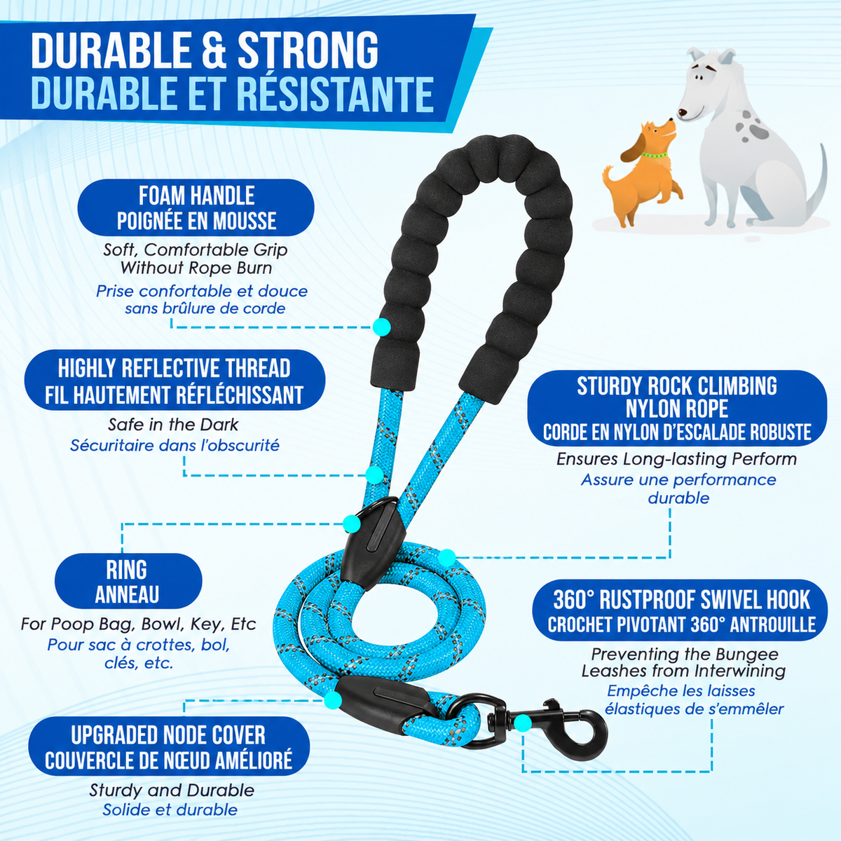Blue double dog leash with padded handle, reflective stitching, accessory ring, elastic sections and swivel clips.