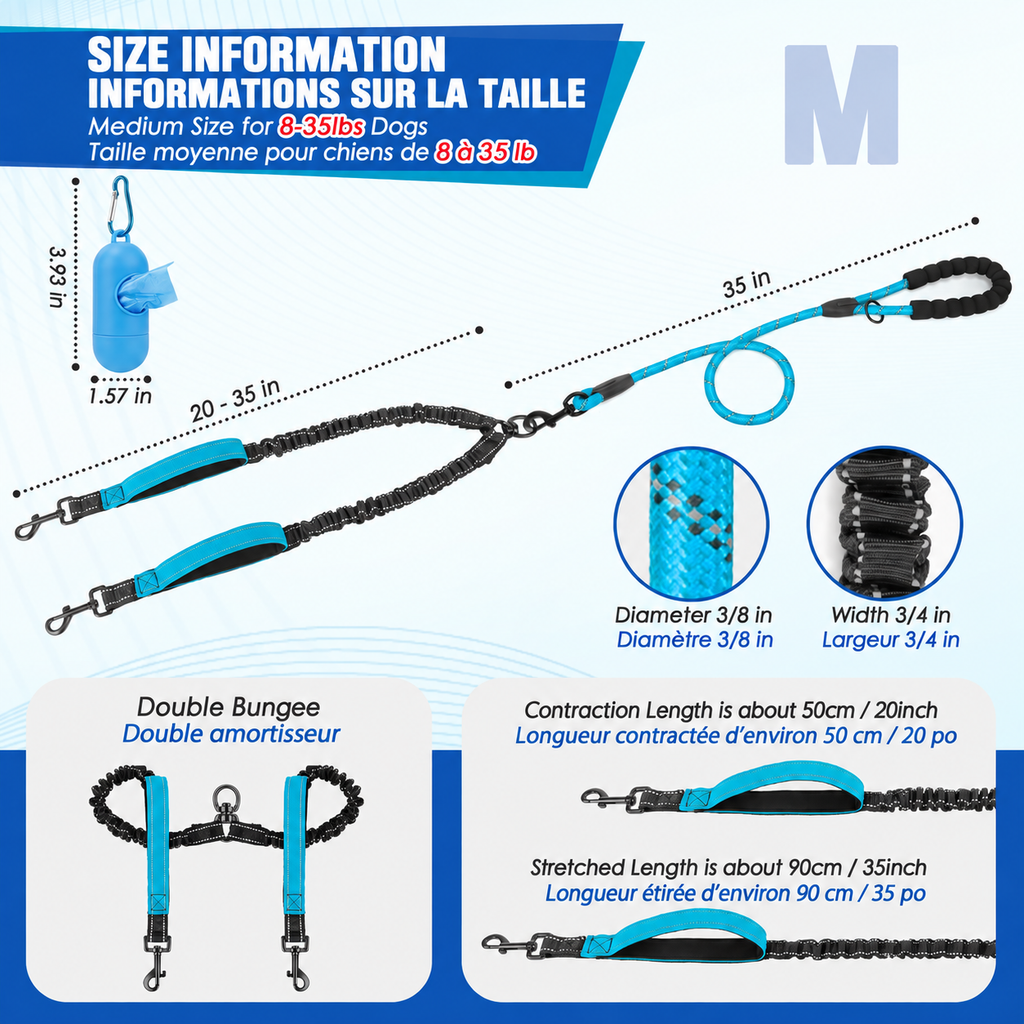 Size diagram showing the blue double leash, its length