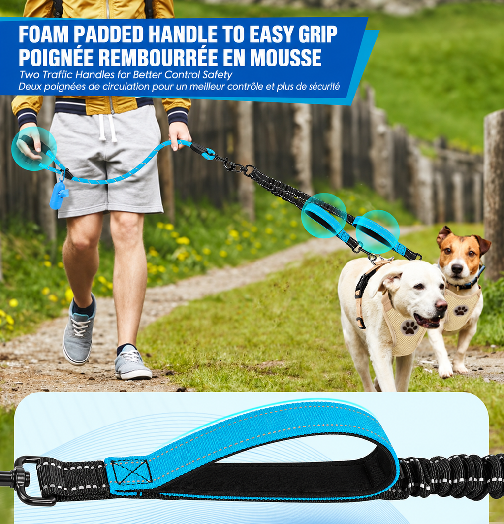 Person walking two dogs with the blue double leash, alongside a close-up of its padded handle.