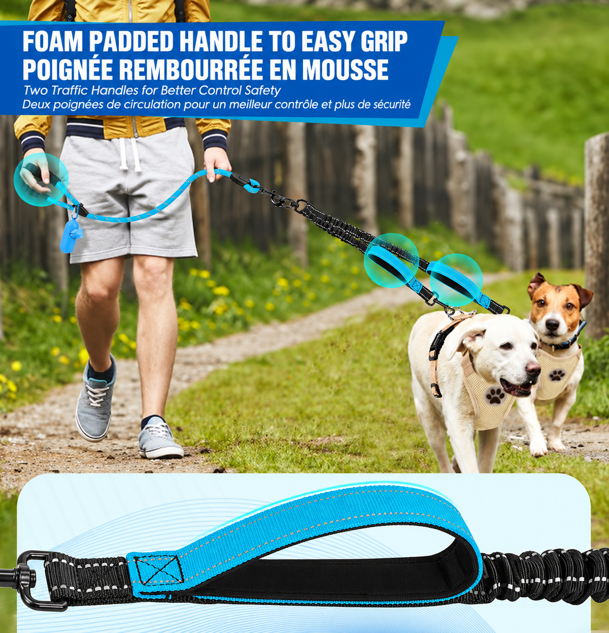 Person walking two dogs with the blue double leash, alongside a close-up of its padded handle.