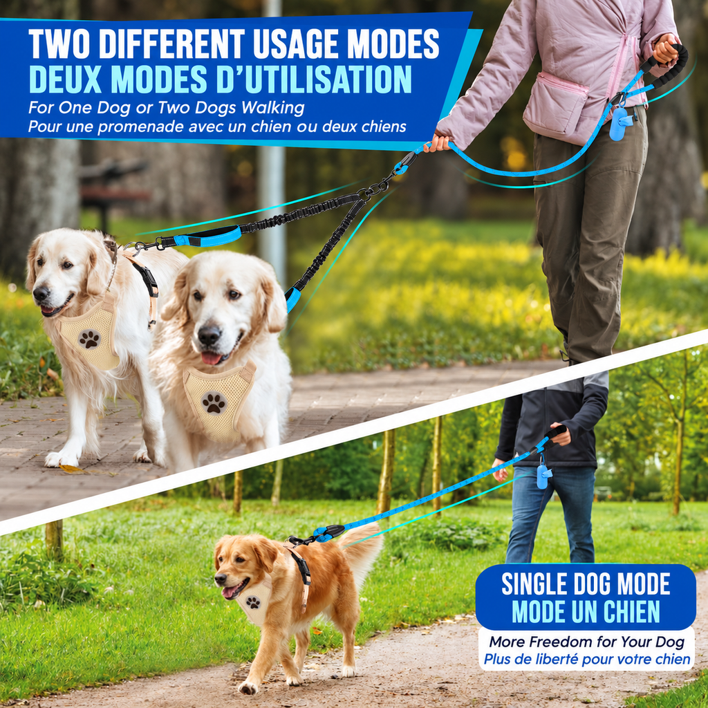 Blue and black double leash shown with two dogs and in single-dog walking mode.