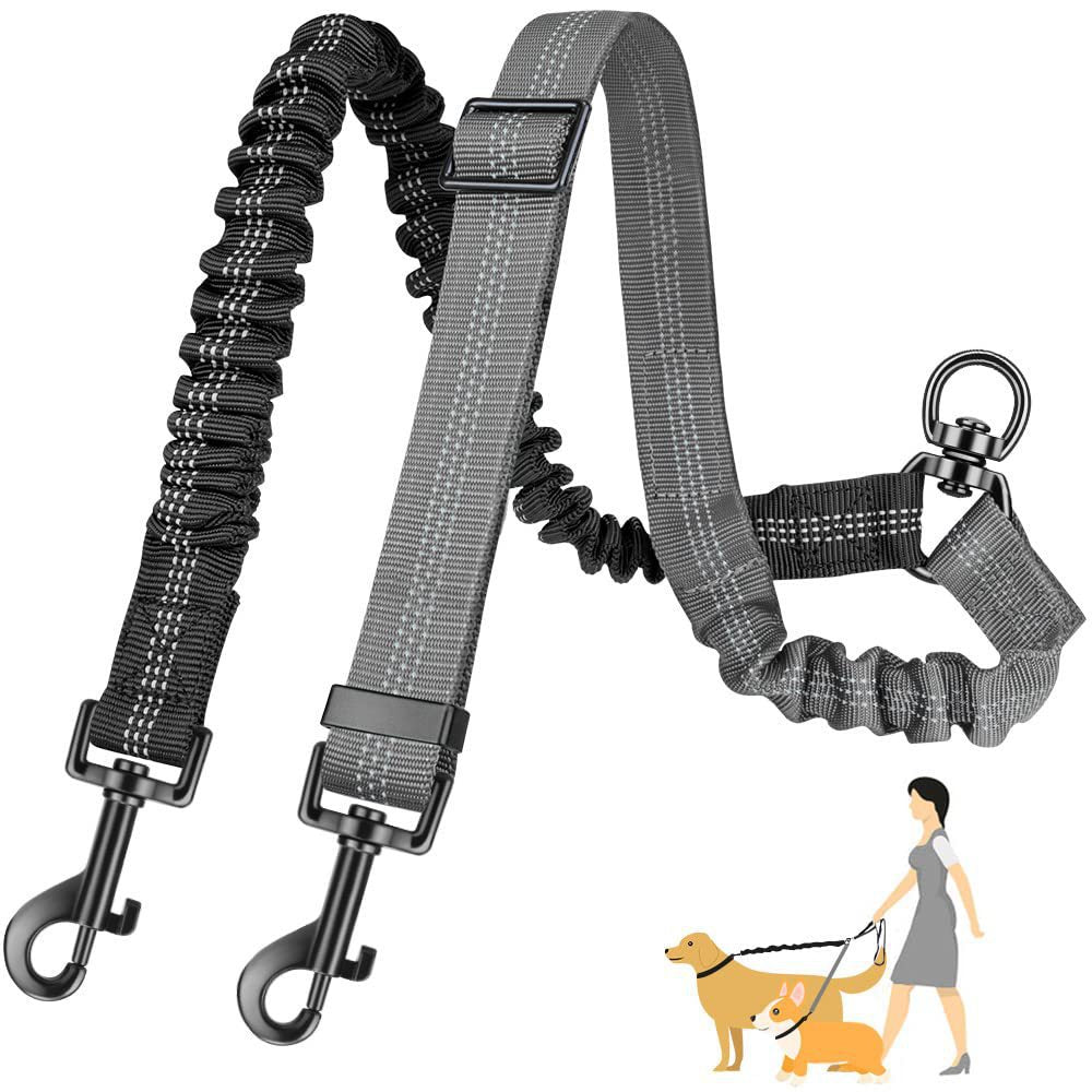Grey and black elastic double dog leash coupler with adjustable straps, metal clips and a diagram of two dogs being walked.