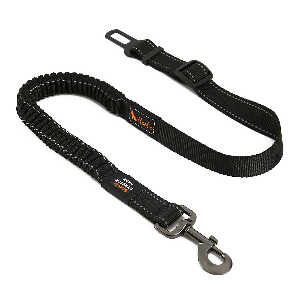 Black HEELE RoadFlex dog car tether with an elastic section, adjustable strap, swivel clip and seat belt tab.