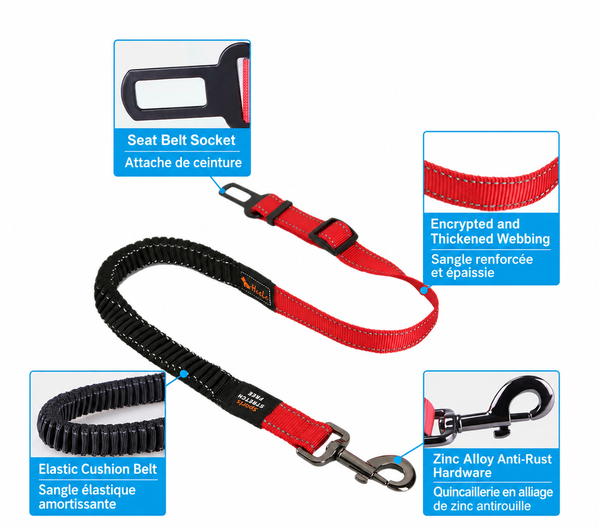 Infographic of the red HEELE RoadFlex dog car tether highlighting its seat belt tab, webbing, elastic section and swivel clip.