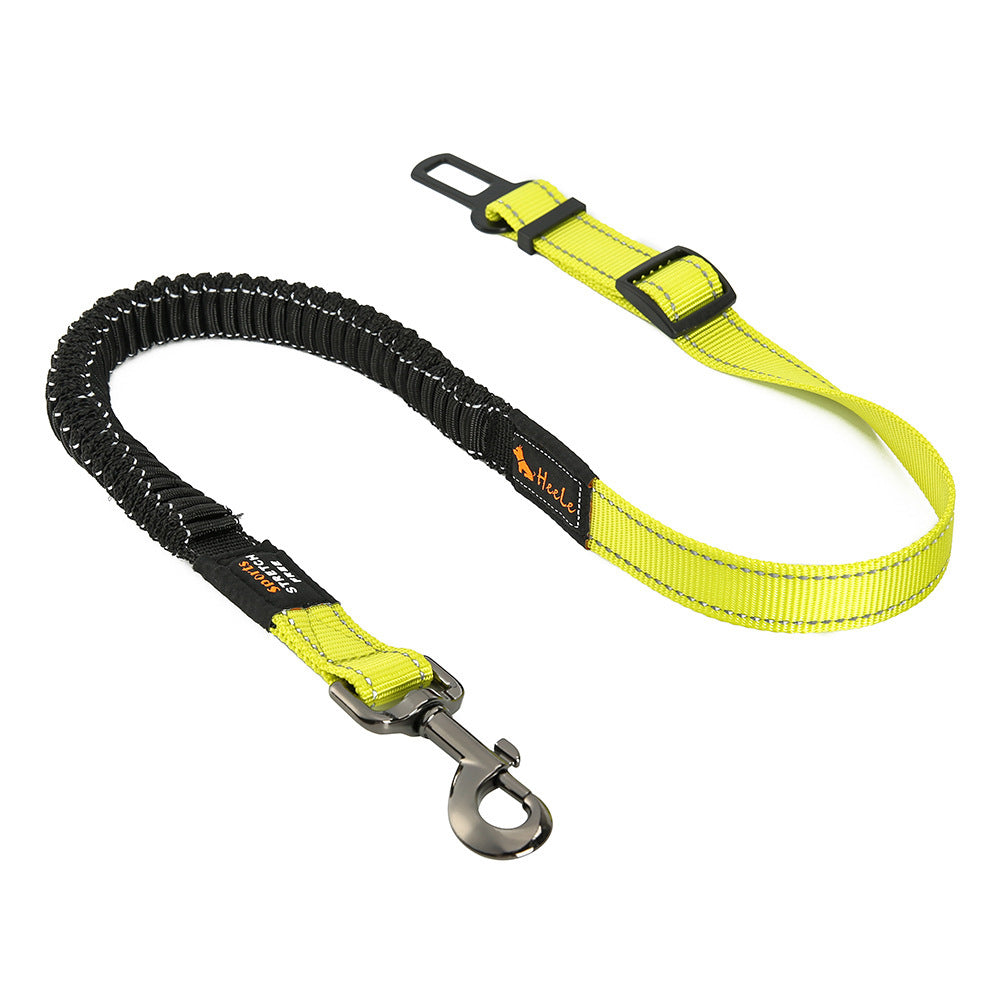 Fluorescent yellow HEELE RoadFlex dog car tether with a black elastic section, adjustable strap, swivel clip and seat belt tab.
