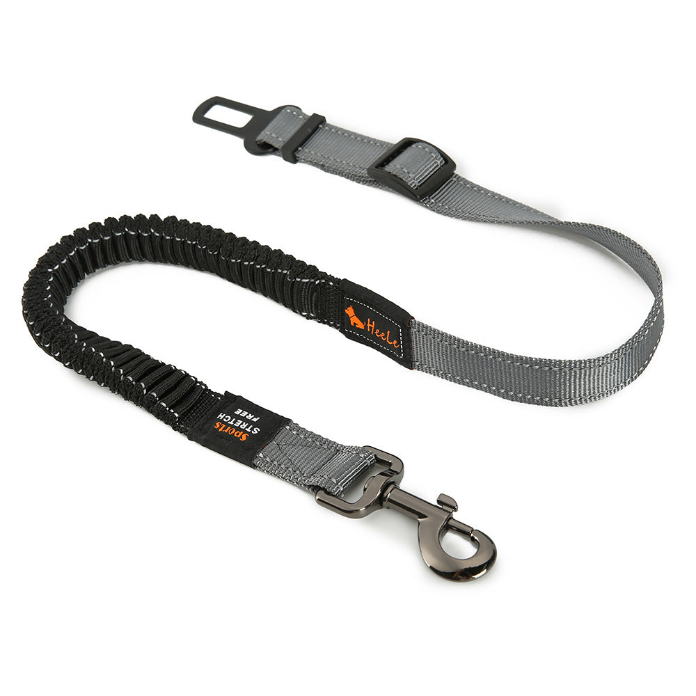 Grey HEELE RoadFlex dog car tether with a black elastic section, adjustable strap, swivel clip and seat belt tab.
