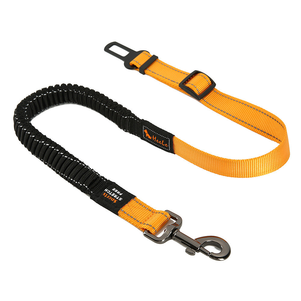 Orange HEELE RoadFlex dog car tether with a black elastic section, adjustable strap, swivel clip and seat belt tab.