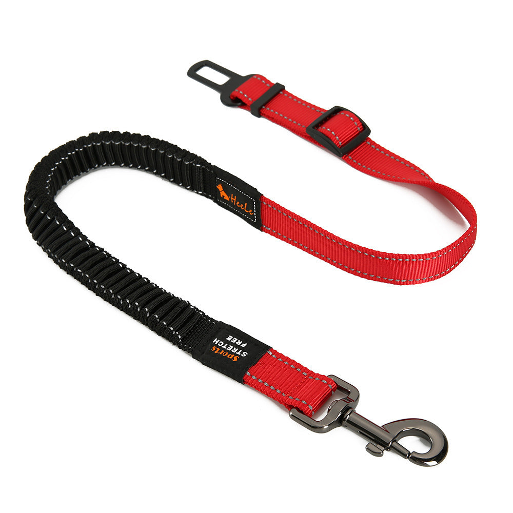 Red HEELE RoadFlex dog car tether with a black elastic section, adjustable strap, swivel clip and seat belt tab.