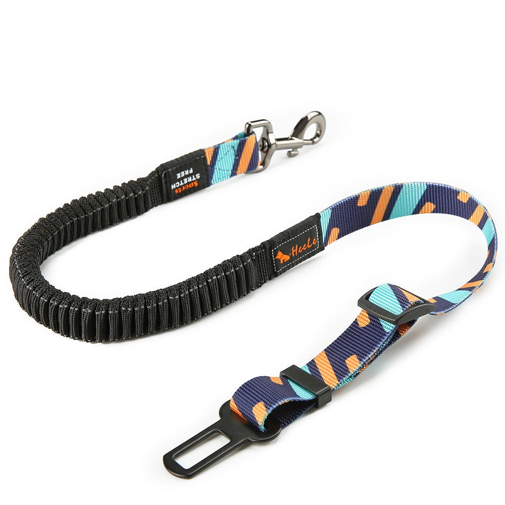 Turquoise-blue and orange HEELE RoadFlex dog car tether with an elastic section, swivel clip, adjustable strap and seat belt tab.