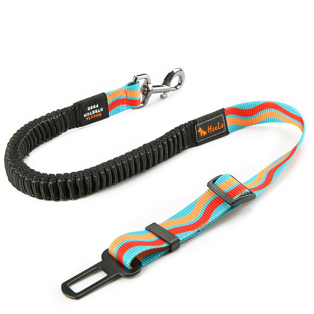 Turquoise, orange and red striped HEELE RoadFlex dog car tether with an elastic section, swivel clip, adjustable strap and seat belt tab.