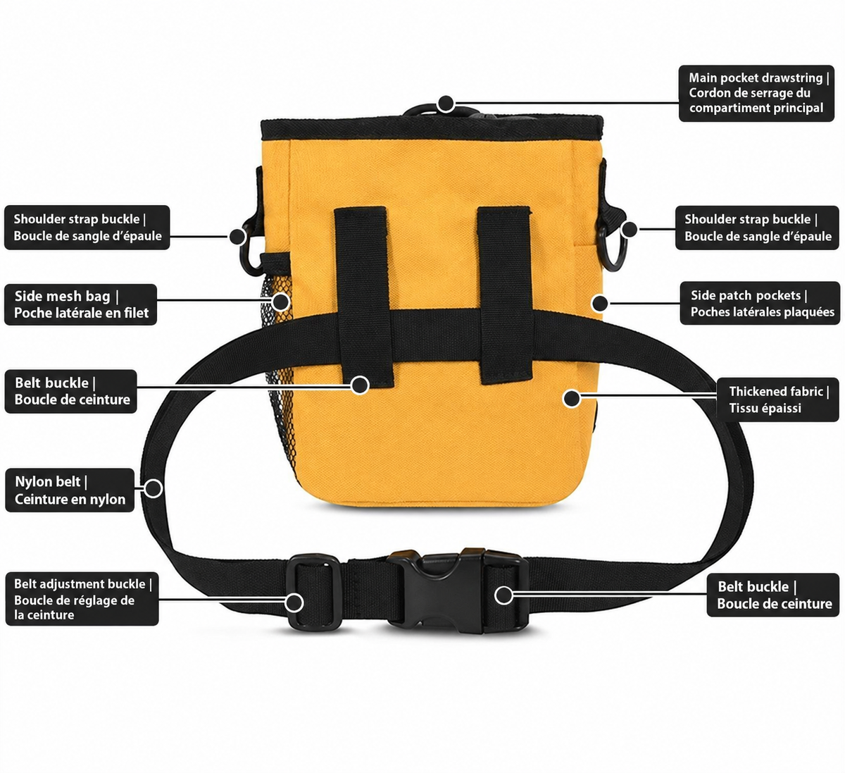 Rear view of the JUMAHE SnackPack dog treat bag featuring an adjustable nylon waist belt, drawstring main compartment, side mesh pocket, side storage pockets and reinforced fabric.