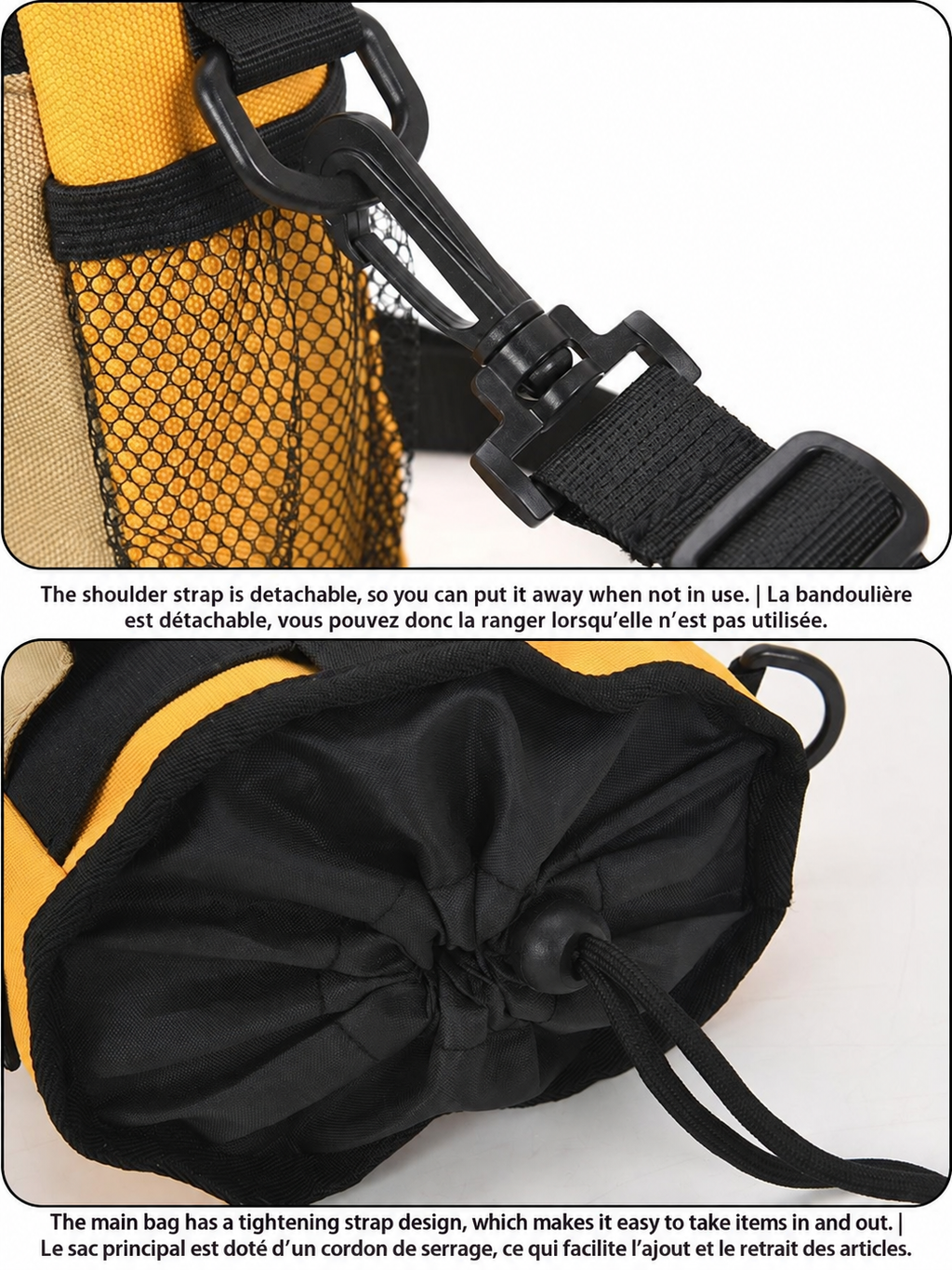 Close-up of the JUMAHE SnackPack showing the detachable shoulder strap and drawstring main compartment for quick access to treats and accessories.