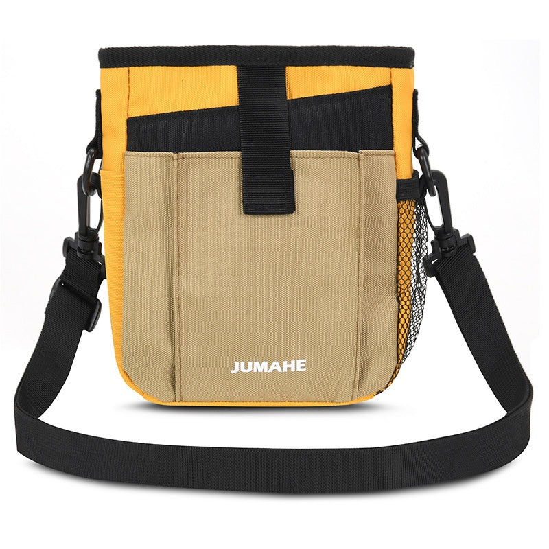 JUMAHE SnackPack large-capacity dog treat bag in mustard yellow and sand, featuring adjustable shoulder strap, front storage pockets and side mesh pocket for walks and training.