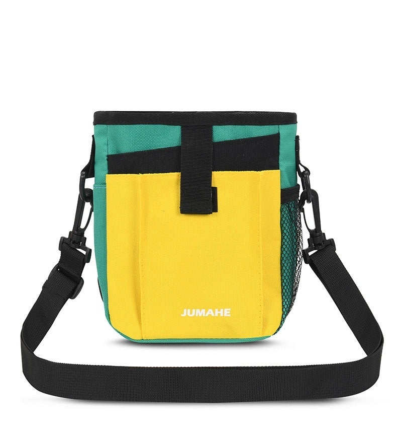 JUMAHE SnackPack dog treat bag in turquoise and yellow with spacious storage, adjustable shoulder strap and side mesh pocket for dog walking and training essentials.