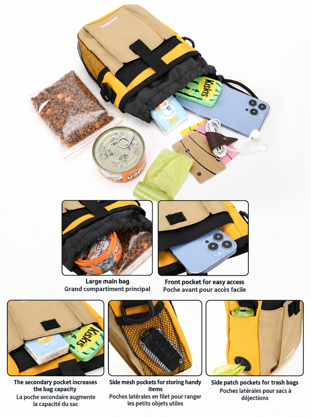 JUMAHE SnackPack large-capacity dog treat bag with spacious main compartment, front and secondary pockets, side mesh storage and built-in waste bag dispenser for walks and training.