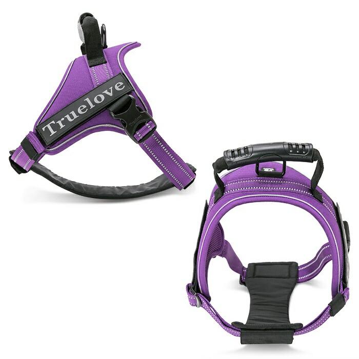 Multiple views highlight the harness structure, adjustable straps, reflective details and large top handle for everyday control and comfort.