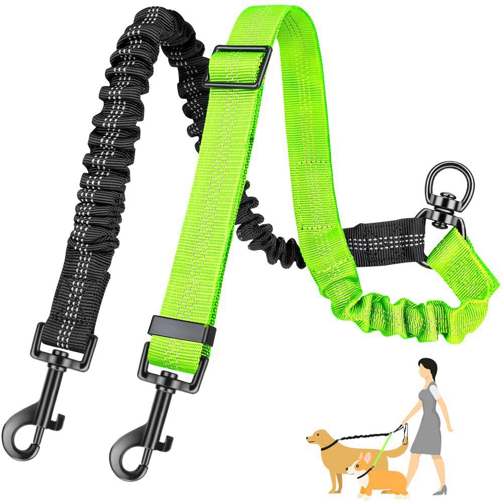 Neon green and black elastic double dog leash coupler with adjustable straps, metal clips and a diagram of two dogs being walked.