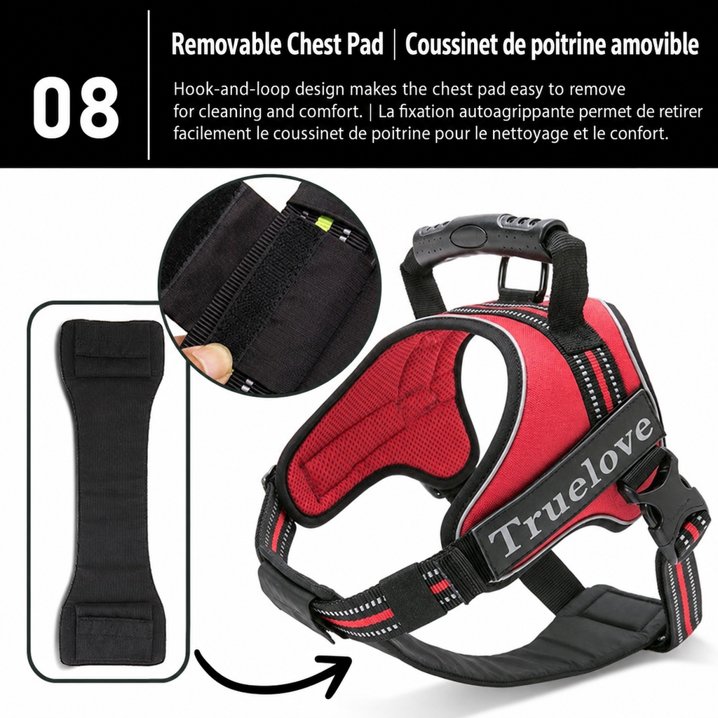 The removable chest pad features a hook-and-loop design for easy removal, making cleaning and comfort adjustments simple.
