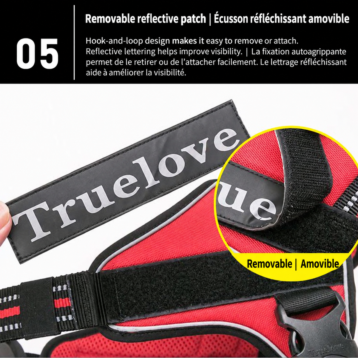 The removable reflective patch attaches easily with hook-and-loop fastening and helps improve visibility.