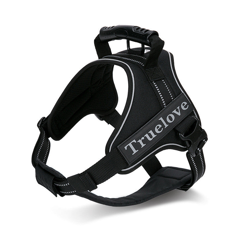 Black TrueLove Adventure Pro reflective dog harness with padded mesh, adjustable straps and a sturdy PVC control handle.