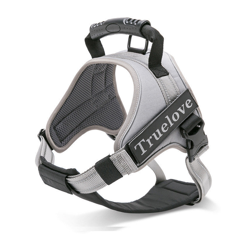 Gray TrueLove Adventure Pro reflective dog harness with breathable padded mesh, adjustable straps and a sturdy PVC handle.