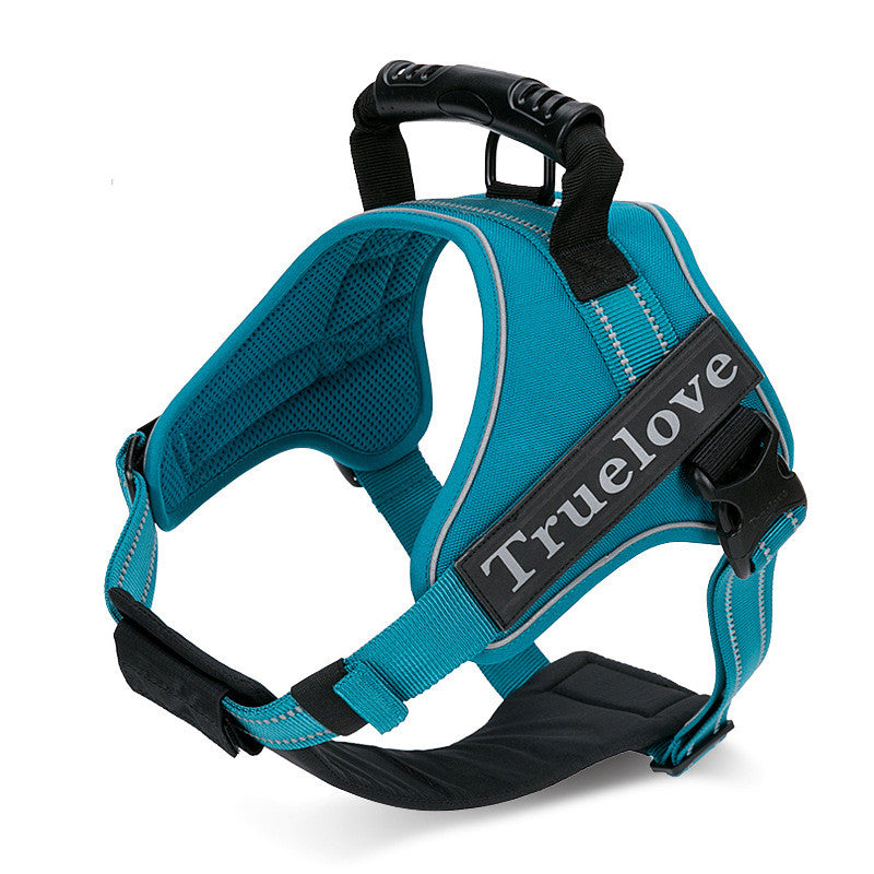 Lake blue TrueLove Adventure Pro reflective dog harness featuring padded mesh, adjustable straps and a large PVC control handle.