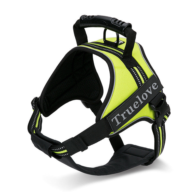 Neon green TrueLove Adventure Pro reflective dog harness with high-visibility styling, padded mesh and a sturdy control handle.