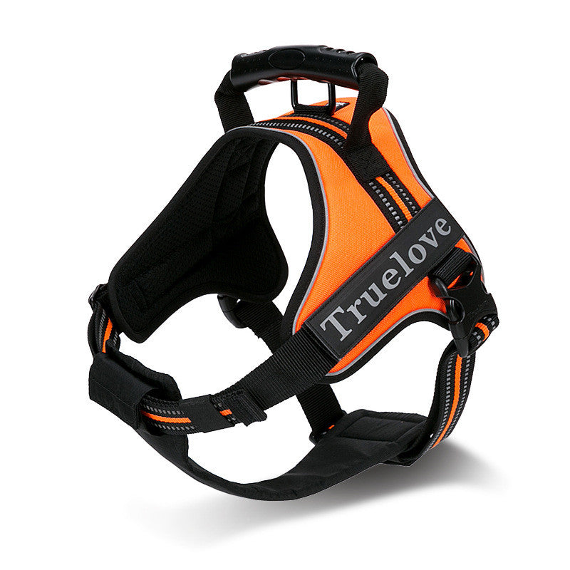 Orange TrueLove Adventure Pro reflective dog harness with padded support, adjustable straps and a large control handle.