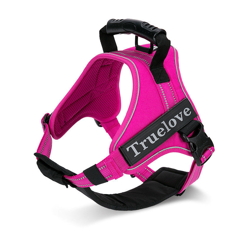 Pink TrueLove Adventure Pro reflective dog harness with padded support, adjustable straps and a large PVC control handle.