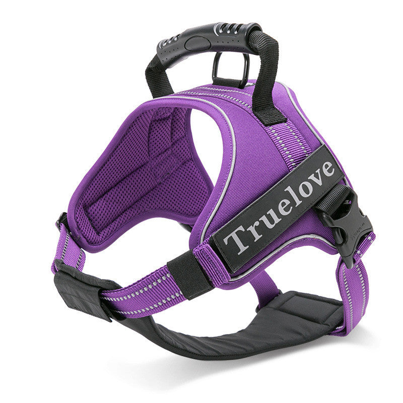 Purple TrueLove Adventure Pro reflective dog harness with breathable padding, adjustable fit and a sturdy PVC control handle.