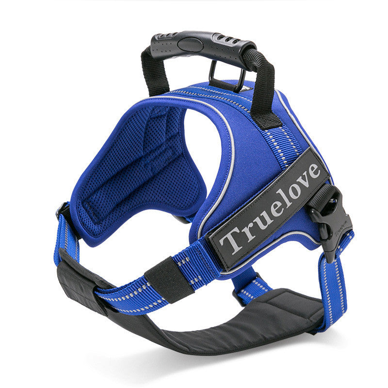 Sapphire blue TrueLove Adventure Pro reflective dog harness with breathable padding, adjustable fit and a sturdy control handle.