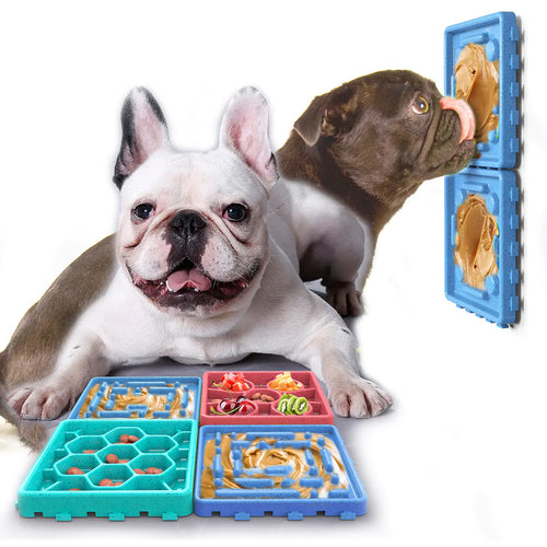 French bulldog and chocolate lab using Brighty Calm lick mats - 4 patterns with suction cups